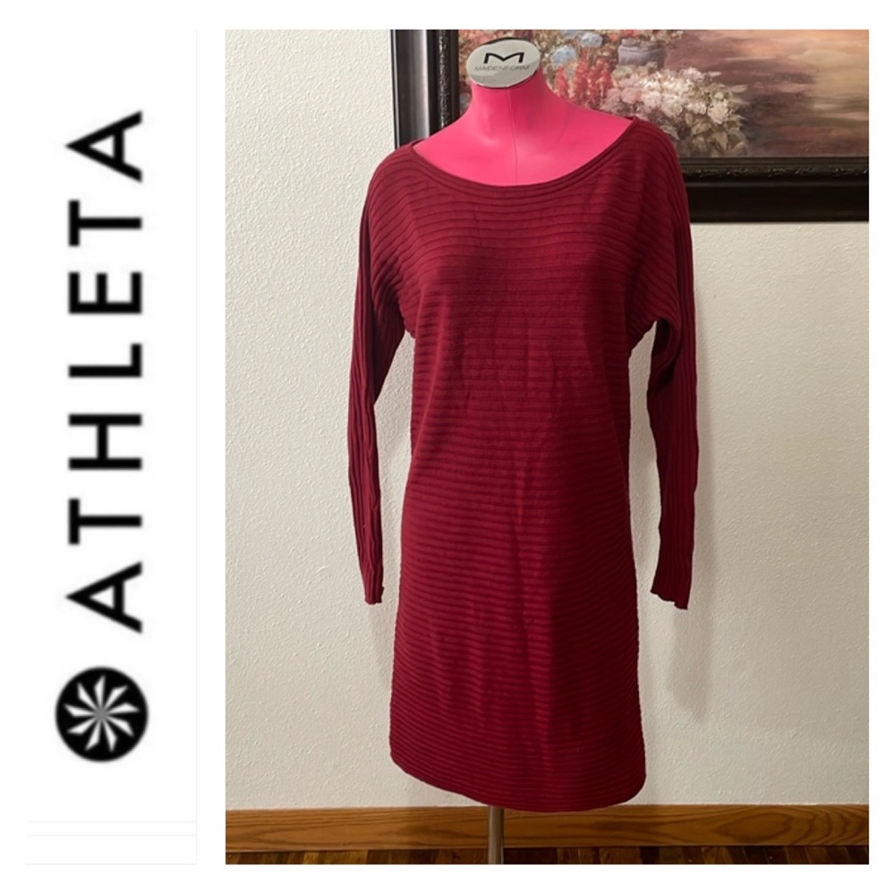 Athleta Red 100% Merino Wool Ribbed Sweater Dress Long Soft Stretchy Knit Small